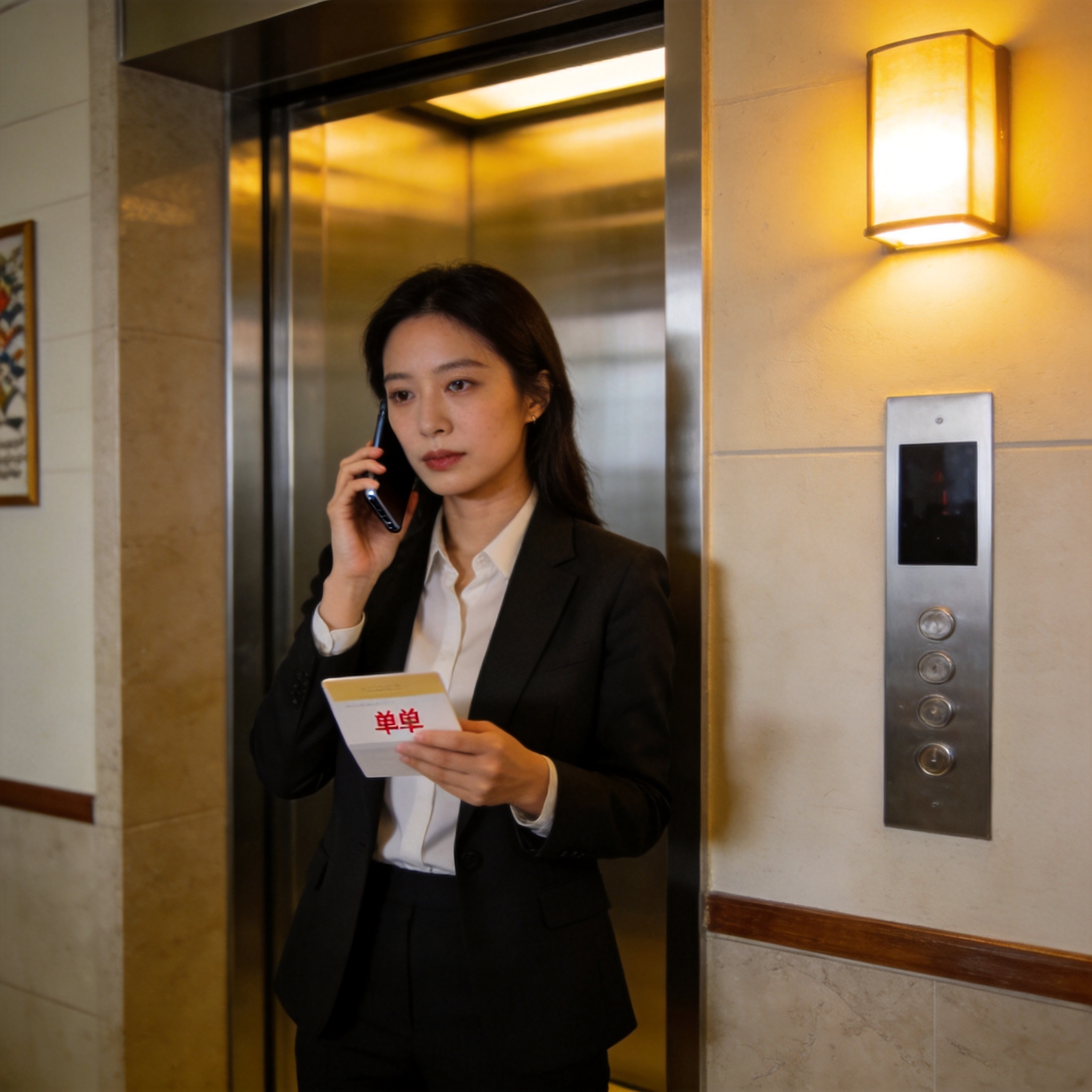 《复仇公主·打工版》官方剧照：女主角在电梯口接单